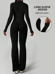 Yefecy Damen Reißverschluss Vorne Langarm Fitness Yoga Outfit - Bodycon Taille Enge Sport Jumpsuit für Laufen, Training, Pilates Formende Jumpsuit - Schwarz - Übersicht 2