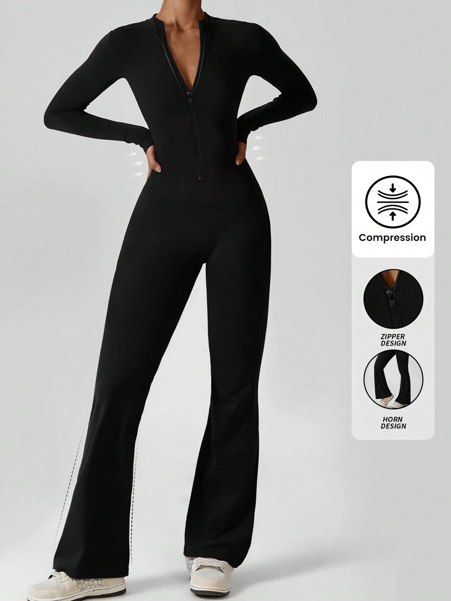 Yefecy Damen Reißverschluss Vorne Langarm Fitness Yoga Outfit - Bodycon Taille Enge Sport Jumpsuit für Laufen, Training, Pilates Formende Jumpsuit - Schwarz - Übersicht 1