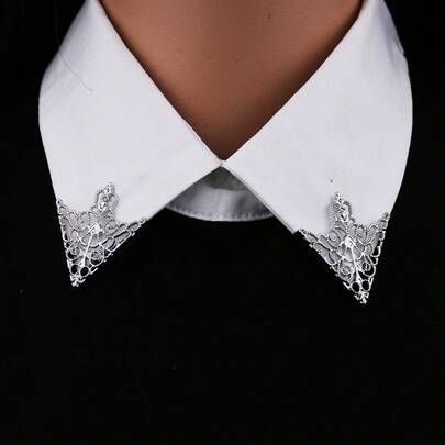 2pcs Fashionable Hollow Out Crown Brooch Pins, Metal Hollow Floral Lapel Badges, Retro Triangle Collar Clips For Women