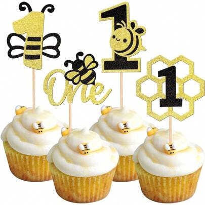 12 PCS Bee One Cupcake Toppers Black And Gold Glitter Honeycomb Number 1 Bee Cupcake Picks 1st Birthday Cake Decoration For Bumble Bee Theme First Birthday Party Supplies