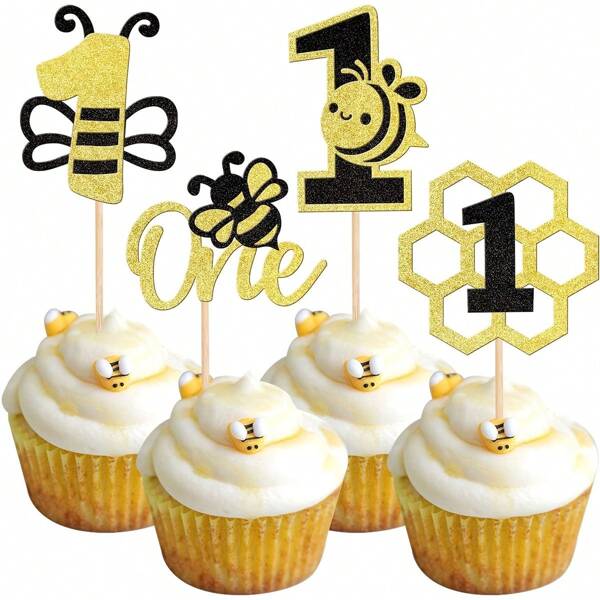 12 PIEZAS Decoraciones para cupcakes con abeja, en negro y dorado con brillo, forma de panal y número 1, para decorar pasteles de primer cumpleaños con temática de abeja, suministros para fiesta de primer cumpleaños