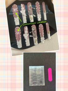 10 Pieces Of Pure Handmade Press-On Nails , 54mm Coffin Type, The Press-On Nails Piece Is Colored With Pink And White, The Press-On Nails Is Inlaid With White Bow Ants, White Three-Dimensional Flowers, White Piano-Playing Little Angels