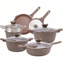 Country Kitchen Non-Stick Cast Aluminum Cookware Set - Durable Kitchen Cookware For Everyday Cooking, Chocolate Brown, 11 Pc. - Tay cầm tròn màu kem - Xem 9