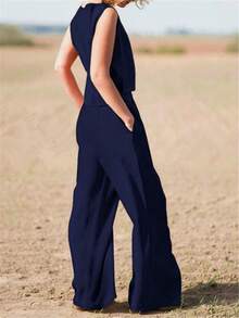 2pcs Minimalist Solid Color Casual Pants And Vest Set - Navy Blue - View 2