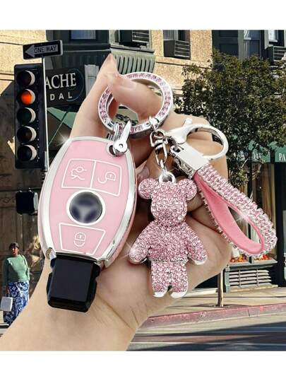 1 Set Unisex Bling Bling Beyaz/Pembe/Sevimli Ayı Anahtarlık, Zarif Üst Düzey Hissiyat Araba Anahtarlığı + Beyaz Gümüş/Pembe/Siyah Gümüş/Beyaz Altın Düşmeye Karşı Araba Anahtarı Kılıfı + Uygulanabilir TPU Araba Anahtarlık Kabuğu Kapağı Mercedes-Benz A B C E R GLS GLA GLK GLC CLS AMG W204 W205 W212 W463 W176