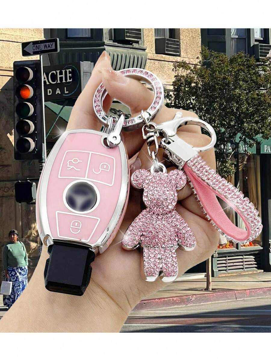 1 Bộ Móc Khóa Gấu Dễ Thương Bling Bling Trắng/Hồng/Dễ Thương Unisex, Móc Chìa Khóa Xe Hơi Cao Cấp Thanh Lịch + Vỏ Chìa Khóa Xe Chống Rơi Màu Trắng Bạc/Hồng/Đen Bạc/Trắng Vàng + Vỏ Chìa Khóa Xe Ô Tô TPU Có Thể Sử Dụng Cho Mercedes-Benz A B C E R GLS GLA GLK GLC CLS AMG W204 W205 W212 W463 W176 - Một cỡ - Xem 1