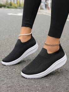 2025 New Knit Breathable Lightweight High-Sole Solid Color Women Shoes, Hand/Machine Washable, Suitable For Dance, Running, Walking, Casual