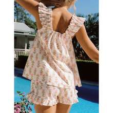 Womens Floral Print Pajama Sets Ruffle Trim Cami And Casual Shorts 2 Piece Lounge Set PJ - 粉色 - 查看 3
