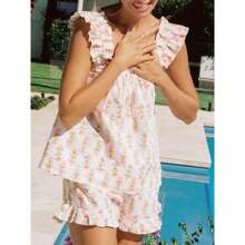 Womens Floral Print Pajama Sets Ruffle Trim Cami And Casual Shorts 2 Piece Lounge Set PJ - 粉色 - 查看 4