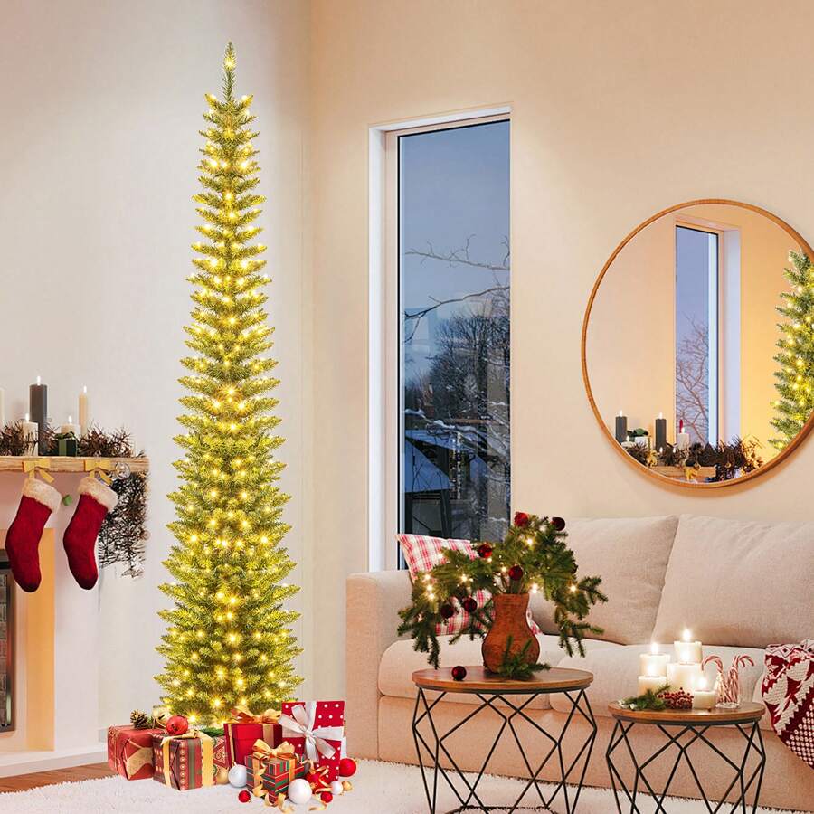 8 FT Pre-Lit Artificial Christmas Tree Slim Pencil Xmas Tree With 591 Branch Tips Christmas Decorations Home Christmas Gifts Christmas Decor - US A Type Plug(110-127V) - View 1