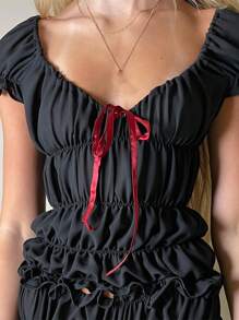 Women's Summer 2 Piece Outfits Short Sleeve Ruched Tops Solid Color/Plaid Shorts Set - Black - View 4