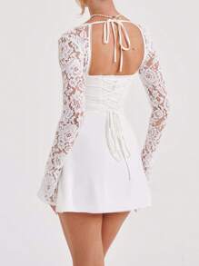 Short Party Dresses For Women Mini Dress Long Sleeve Backless Low-Cut Tie-Up Lace Patchwork Cocktail Dress A-Line Dress - trắng - Xem 2