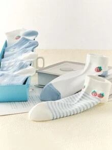 Pack Of 10 Pairs Elegant Women's Fruit Print Ankle Socks, Polyester And Spandex Blend, Breathable And Moisture Wicking, Knitted Fabric, Hand Washable. - 彩色 - 查看 5