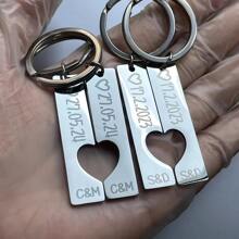 1 paire de porte-clés en acier inoxydable personnalisés pour couple, design en forme de cœur, cadeau d'anniversaire, date spéciale, cadeau de la Saint-Valentin, rentrée des classes, impression graphique, calendrier festif - Argent - Voir 1