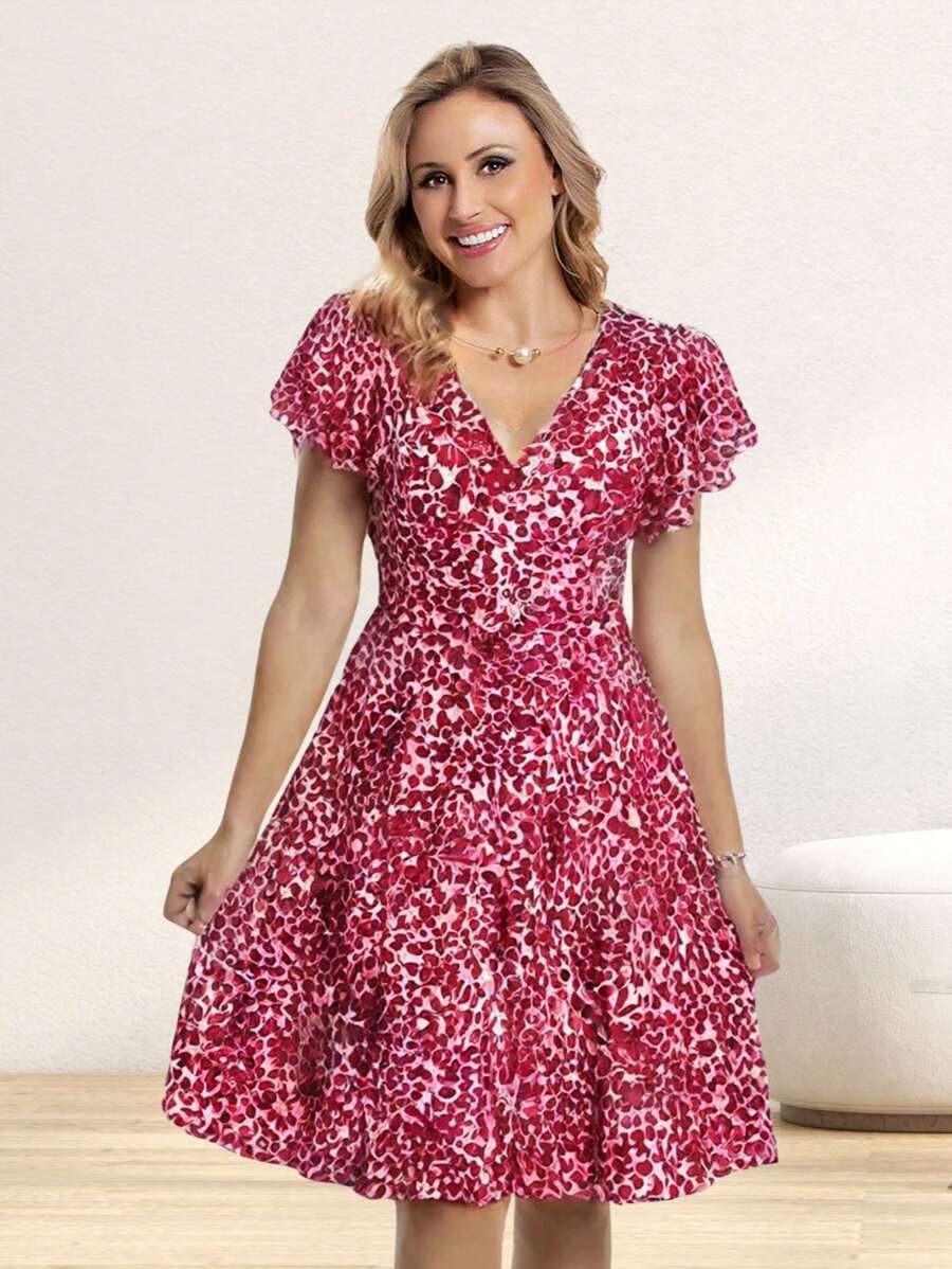 Printed Dress With Wrap Neckline - Hồng - Xem 1