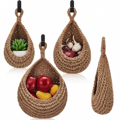 1 Pc/3 Pcs/6 Pcs Wall Hanging Vegetable & Fruit Storage Baskets, Flowerpot Hanging Baskets, Bird Nest Style Woven Wall Mount Drain Baskets, Space-Saving, Suitable For Kitchen, Garden, Living Room