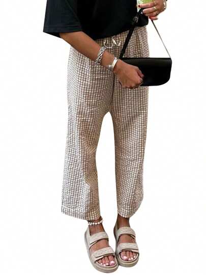 Women's Lounge Pants Plaid Drawstring High Waist Straight Leg Pant Trousers For Daily Wear