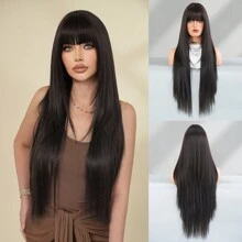 7JHH WIGS 超长直发自然黑色假发，带刘海，超长自然分层假发，优质柔软合成纤维直发假发，适合女士时尚日常学校使用 34 英寸 - 自然黑 - 查看 12