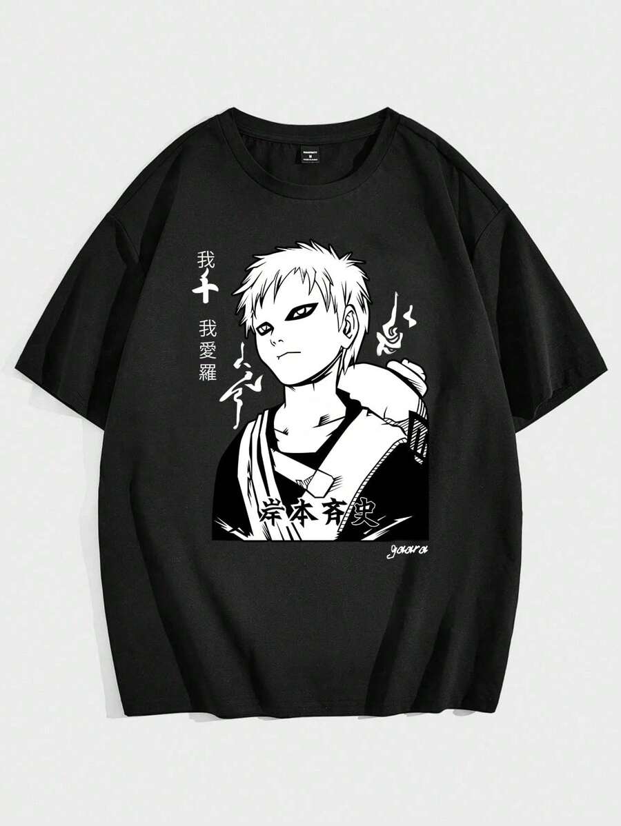 Anime Gaara Narut0 Otaku T-Shirt 100% Cotton Plus Size Yarn 30.1 - Negro - Ver 1