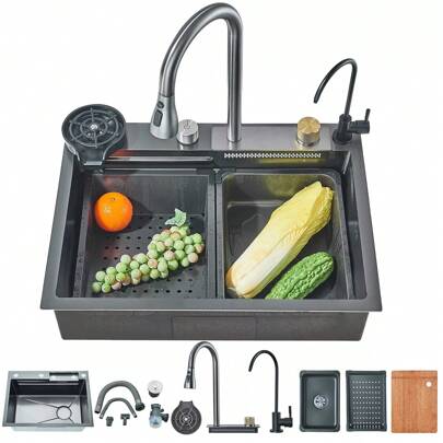 Regalo de Navidad Fregadero de Cocina en Cascada (60*45cm)Fregadero de Cocina Empotrado Tazón Individual 04 Estación de Trabajo de Fregadero de Cocina de Acero Inoxidable con Grifo Extraíble y Múltiples Accesorios Regalo de mudanza