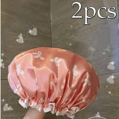 2pcs Waterproof Double-Layer Bow Shower Cap, Elastic Shower Cap, Adult Kitchen Oil-Proof Cap, Bathroom Hair Drying Cap, Elastic And Adjustable, Suitable For Face Washing, Drying Hair, Makeup, Cooking, Shampooing 1pc Home Bathroom Decor Fall Decor Back To School