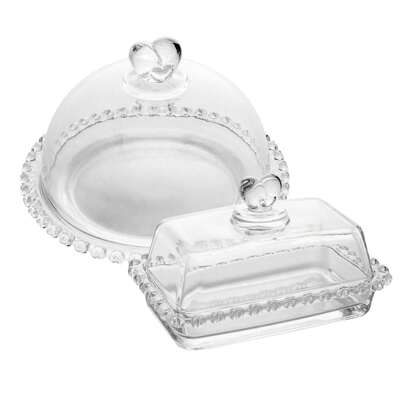  Kit de 2 peças: Manteigueira 17x10,5x10cm e Queijeira 19,5x13cm Cristal Coração com Tampa Lyor