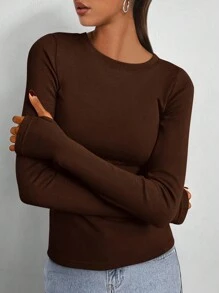Women's Casual Top Spring Fall Long Sleeve Crew Neck Elastic Slim Fit Simple Basic Y2K Outing Shirt Clothes - 咖啡棕 - 查看 2