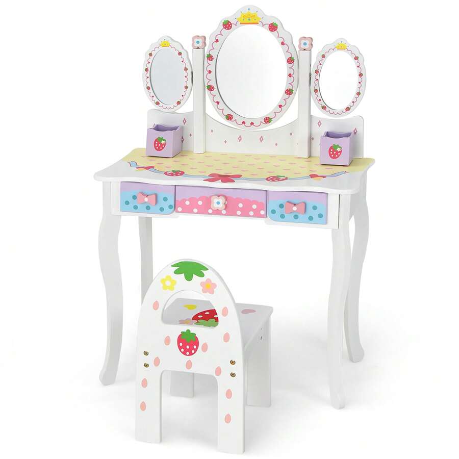 Lifezeal Kids Vanity Princess Makeup Dressing Table Chair Set W/ Tri-Fold Mirror White - 白色 - 查看 1