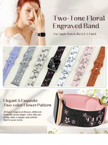 Dây đeo khắc hoa, 41mm 40mm 44mm 45mm 42mm 38mm 49mm 46mm dành cho nữ, họa tiết hoa đáng yêu, dây đeo thể thao bằng silicon mềm, phù hợp với Series 11 10 Se 9 8 7 6 5 4 3 Ultra, thiết kế hoa thời trang - Màu đen với hoa màu hồng - Xem 7