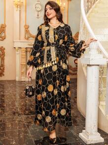 Women's Long Sleeve Robe With Lace Embroidery And Flared Hem, Style Abaya - Black - View 4