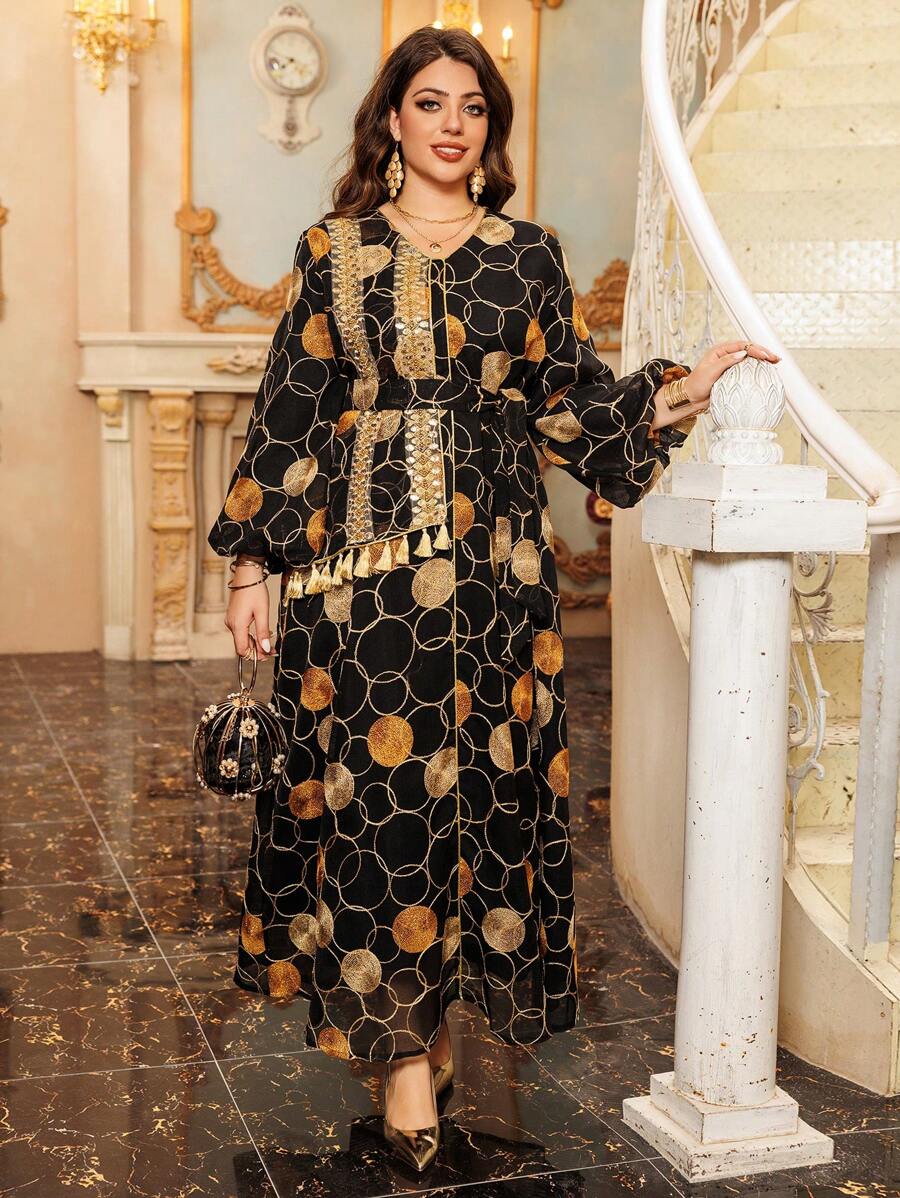 Women's Long Sleeve Robe With Lace Embroidery And Flared Hem, Style Abaya