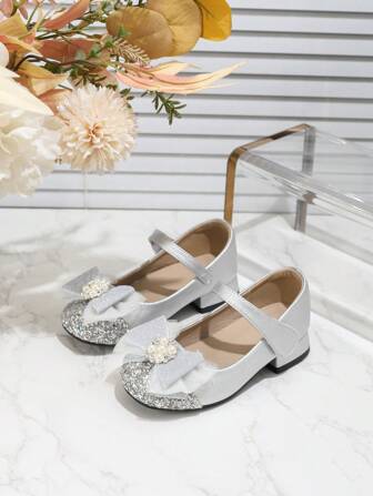 女童银色高跟高性能皮鞋，儿童公主玛丽珍鞋，女童夏季水晶平底鞋，适合走秀