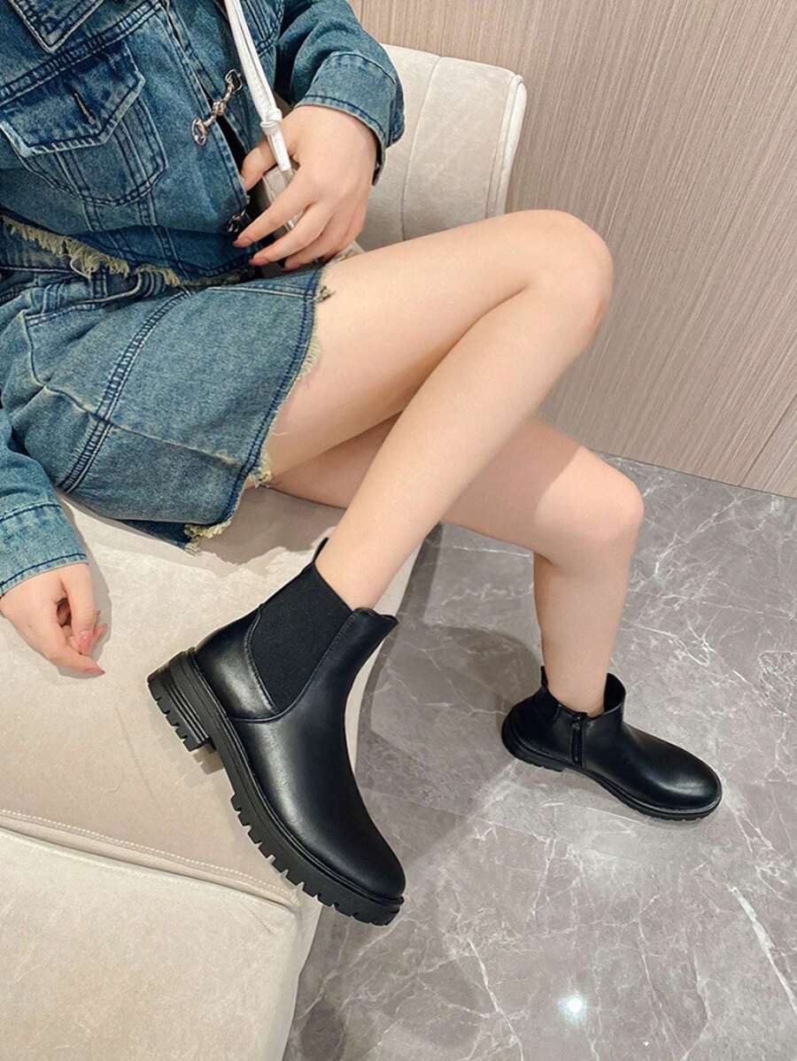 Botine de damă de culoare uni cu fermoar lateral vârf rotund, simplu cu toc gros, îmbrăcăminte zilnică ocazională