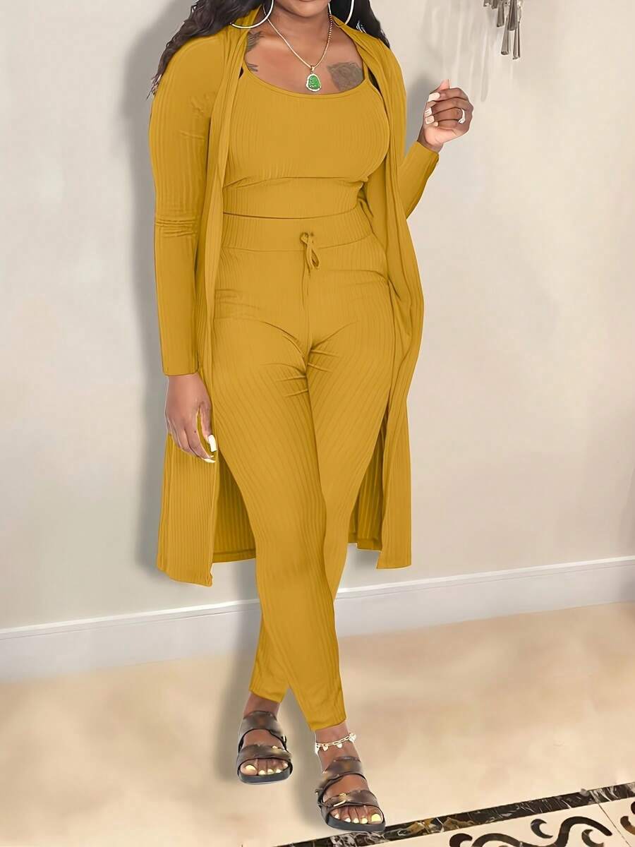 Casual Ribbed 3-Piece Set, Crop Top+High Waisted Drawstring Pants+Long Cardigan, Women's Clothing - Màu vàng - Xem 1