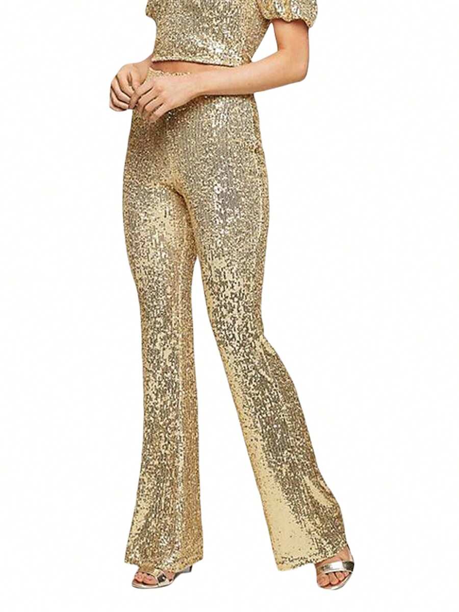 Womens Spring Autumn Slim Flared Pants High Waist Elastic Band Sequins Bell-Bottom Pants - 金色 - 查看 1