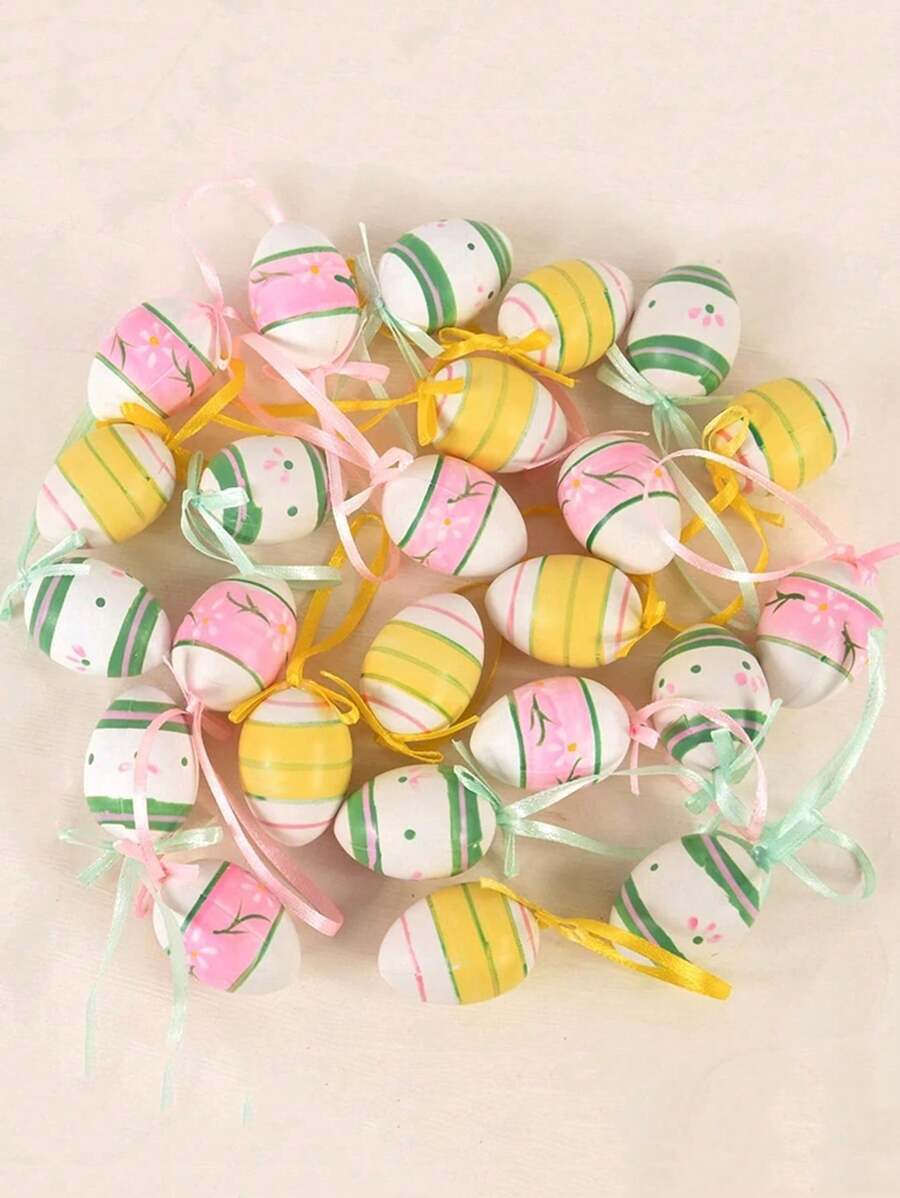 12/24pcs Easter Eggs Colorful Bunny Painted Plastic Hanging Pendant DIY Easter Egg Crafts For Home Easter Party Supplies Decoration - Multicolor - View 1