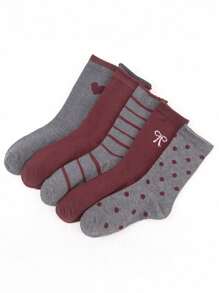 4/5/6/8 双装女士波点提花中筒袜，柔软舒适透气纯色休闲日常船袜，带蕾丝蝴蝶结，适合日常、校园、运动等多种场合。 - 彩色 - 查看 7