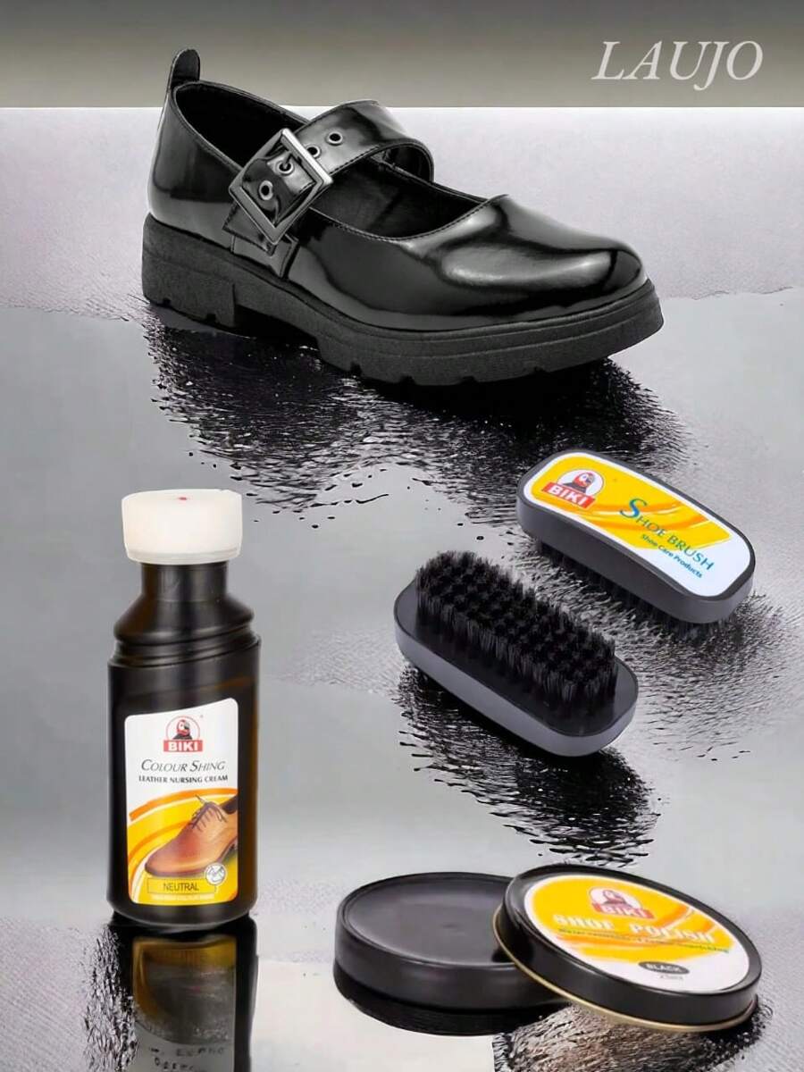 KIT 3 piezas boleo de zapatos, abrillantador + cepillo + pomada negra, Kit básico para el cuidado del calzado - Negro - Ver 1