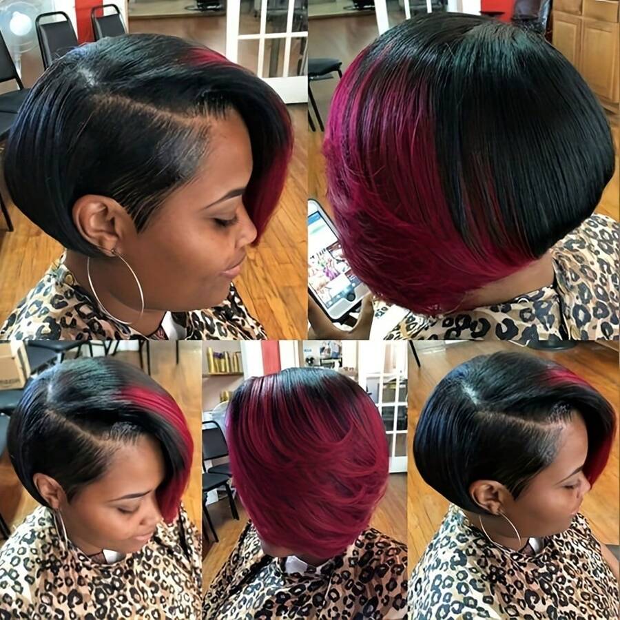 Lolely Dream PIXIE SHORT Cut Layered Bang Style Human Hair Wig With Feather Back No Lace Full Cap Wig Short Straight Pixie Cut Pick Dye Human Hair Wig Wine Red Pixie Cut Wig Lady Mommy Wigs Side Part Wig Short Bob Straight Wig - S1B/99J - View 1