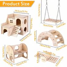 Runup Pack Of 5 Wooden Hamster Toys, Wooden Hamster House, DIY Hamster Paradise Including Multi-Chamber House, Rotating Bridge, Swing, Hamster Hide, Hamster, Chipmunk, Toy Accessories