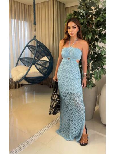 Vestido Longo Em Tricot Rendado Alça com forro Elegante