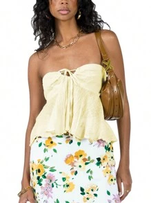 Women Y2k Tube Tops Fairy Grunge Strapless Wrap Chest Boat Neck Tie-Up Bandeau Tops Sexy Backless Ruffle Crop Going Out Tops Aesthetic Clothes Streetwear - Màu vàng - Xem 3