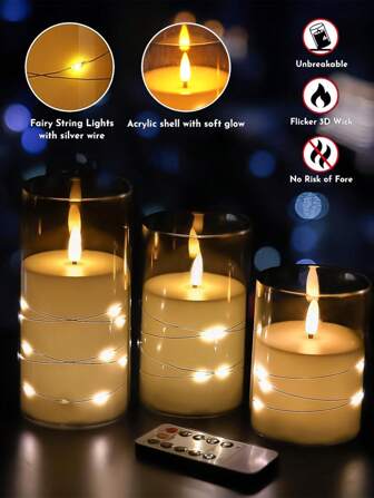 Set de 3 velas sin llama con luces de hadas alimentadas por batería, velas de pilar de acrílico con control remoto y temporizador, para bodas y decoración del hogar, blanco marfil, D3" X H4.5" y D6" X H6", mejores regalos para cumpleaños, graduación, Navidad, decoración de habitaciones, decoraciones navideñas de invierno