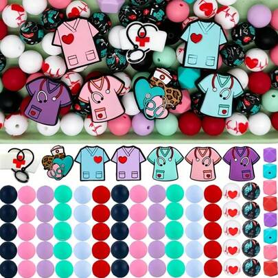 12/45/60/76/85pcs Silicone Bead Sets, Nurse Theme, Polka Dot Print, DIY Jewelry Making, Handmade, Handcraft Gift, Pen Bead, Key Chain, Craft Sets - Beading Kits