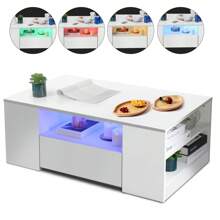 OYAJIA Couchtisch mit Stauraum, Weiß Couchtisch mit LED Lichtern, Couchtisch für Wohnzimmer Rechteckiger Mitteltisch mit 2 Schubladen und 6 offenen Regalen, Home Office Möbel