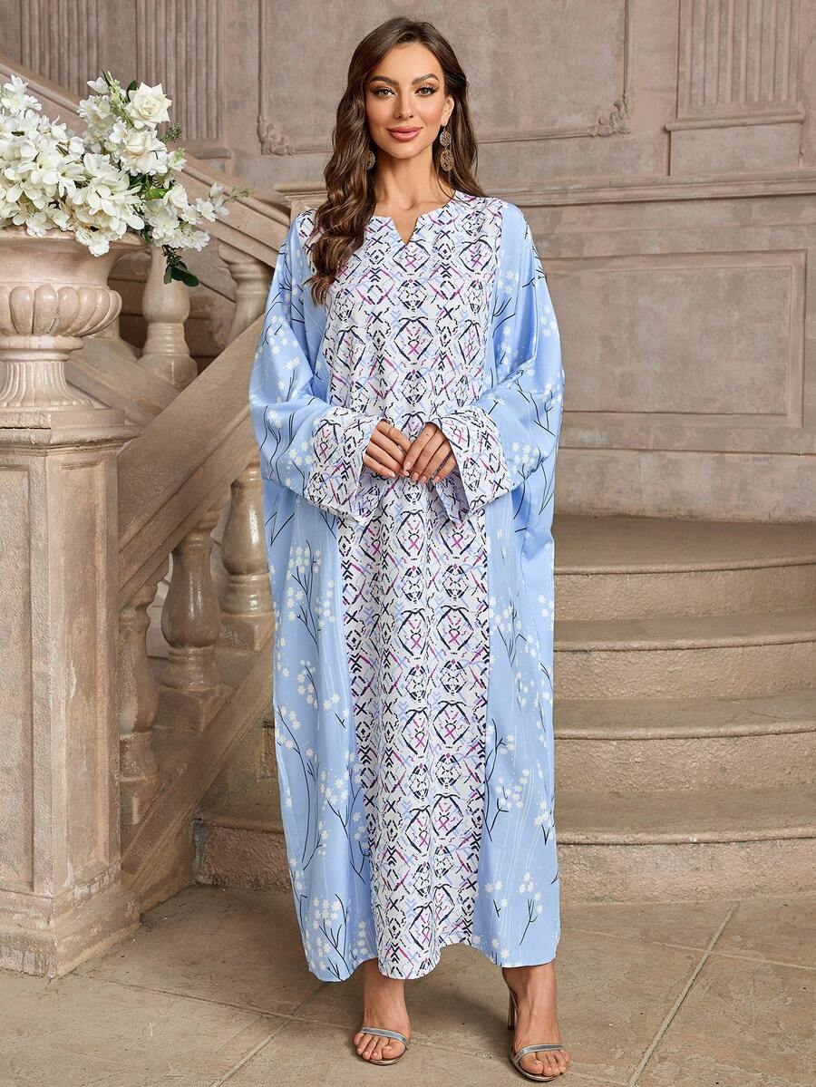 Geometric Print V-Neck Batwing Sleeve Patchwork Dress - Multicolor - View 1