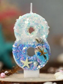 1 pieza Vela de cera con tema de océano en degradado azul con espiral de concha y números digitales del 0 al 9, decoración de tarta con tapa de concha y estrella de mar para cumpleaños