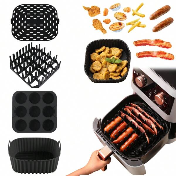 1 set, accessoires premium en silicone pour friteuse à air carrée - grille pour bacon et hot-dog, moule à 9 tasses à muffins, plateau de friteuse à air, tapis perforé de friteuse à air - résistant à la chaleur, facile à nettoyer, lavable au lave-vaisselle - (Noir)