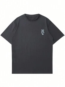 男士简约图案印花圆领短袖 T 恤，简约时尚休闲日常穿着 - 深灰色 - 查看 7