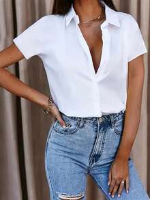 Women Front Button Placket Casual Shirt Top - White - View 3